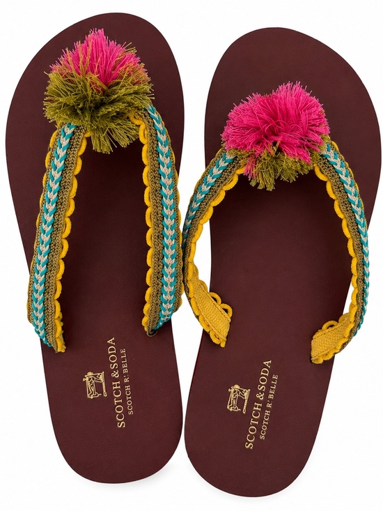 Scotch & Soda Other - Scotch & Soda Maroon Flip Flops with Pink & Olive Pom-Poms